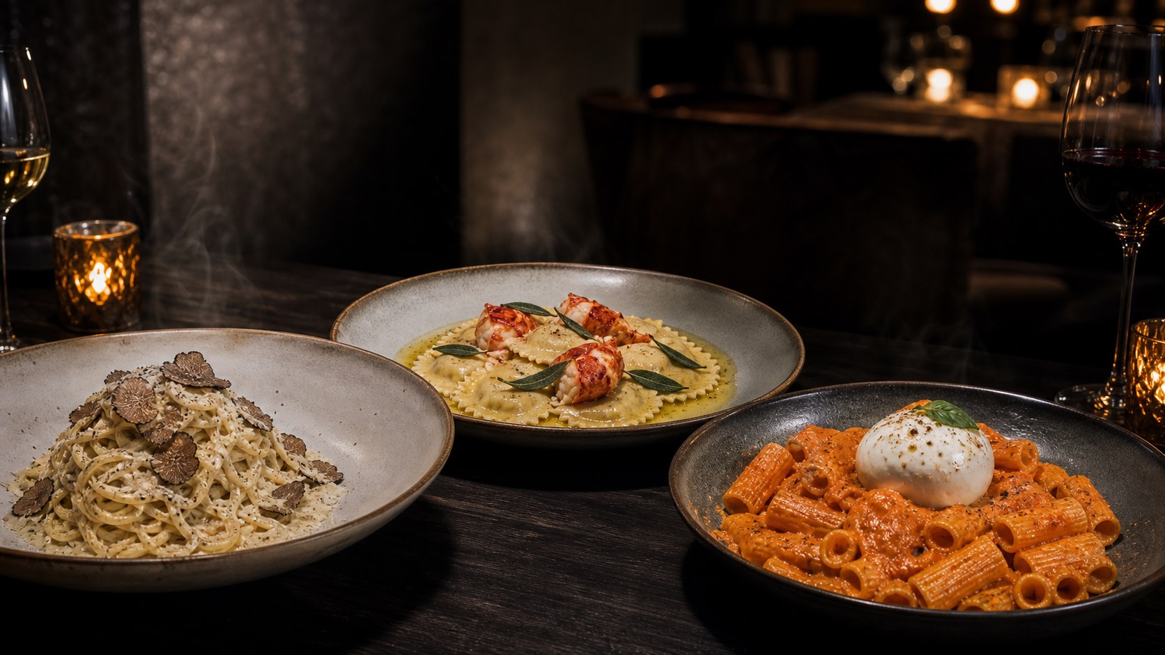 Três massas artesanais do Italian King: trufas, ravioli e rigatoni